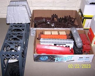 Lionel train cars, bridge, etc...