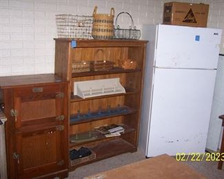 Small 1970's White Clad ice box, book shelf, refrigerator, baskets and coat racks