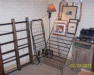 Drying rack, picture display rack, grocery cart, one door cabinet, VCR players, metal floor lamp