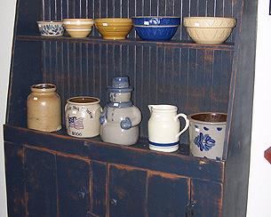 Painted blue pine cupboard, misc. pottery including Beaumont Brothers (BBP)