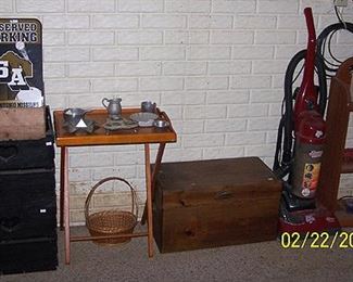 Small storage trunk, Dirt Devil sweeper, wood tray, and more