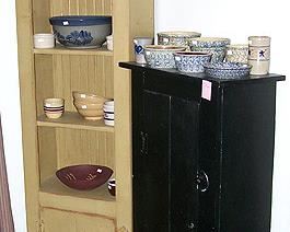 Painted pine cupboard, pine jelly cupboard, misc. pottery including spongeware, Dianna Swartz print