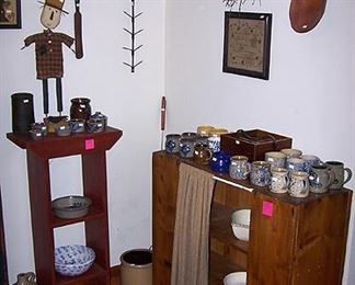 Don DiPaolo scarecrow, pine storage cupboard, red painted pine shelf