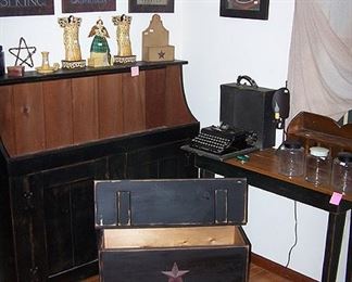 Pine dry sink, pine table, pine storage chest, Remington model 5 portable typewriter, etc...