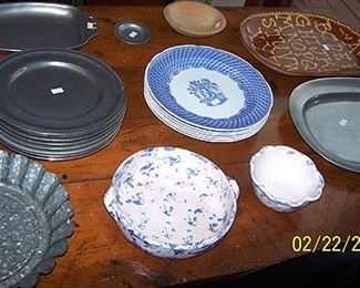 Spode transfer ware plates, pewter plates, spongeware, etc...