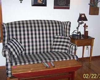 High back loveseat, pine bench, single drawer table