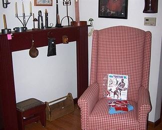 Pine fireplace mantle, high back chair