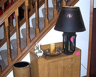 Small pine cupboard, crock, lantern lamp