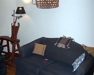 Cobbler's bench, tobacco basket, loveseat, metal floor lamp