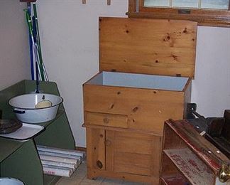 Pine storage bench, red wall shelf, old pine lift top wash stand, small red shelf, enamelware
