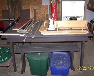 Picnic table, small refrigerator, coat racks, etc...