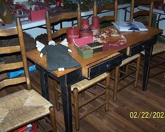 Pine two drawer desk, four ladder back Shaker chairs