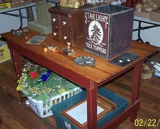 Pine table, sewing box cabinet. etc....