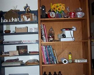 Two shelves, nativities, misc.
