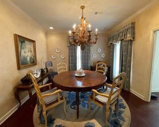 Round Dining Room Table 66" - 4 Wicker bottom arm chairs