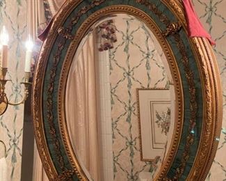 Large - 20th Century Style Green and Gold Gilt Beveled Glass Oval Mirror - HEAVY