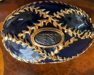 Blue & Gold Painted large Egg Dish 