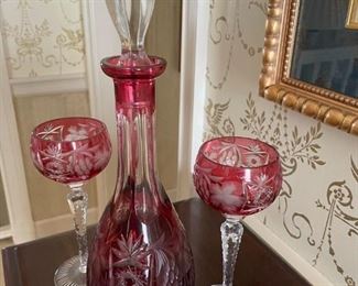 Vintage Nachtman Traube Cut Glass Lead Crystal Decanter and Goblet Wine Glasses