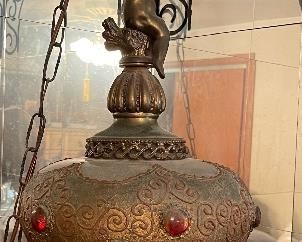 Vintage Brass Turkish Shade Pendant Lamp, Circa 1940's.&nbsp;
Frosted Glass w/ Red Stones*&nbsp;