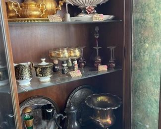 Vintage and antique China cabinet items. Crystal items are in the other side and not shown. 