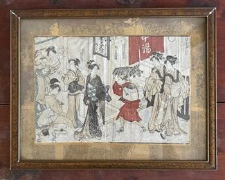 Antique Japanese Wood Block Etching "Courtesans" circa 1850's