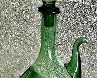 Vintage Hand Blown Italian Green Glass Wine Decanter With Ice Chiller And Genie Stopper