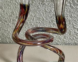 Pair Of Vintage Hand Blown Art Glass Intertwining Twist Multi Color Candlesticks