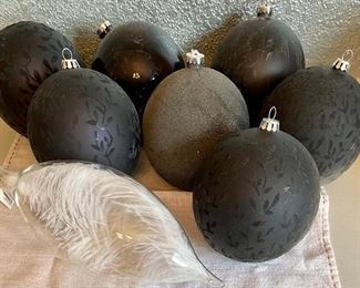 Z Gallerie 12" Feather Glass Ornament And (7) 6" Black Pattern Outdoor Ornaments