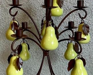 Metal Multi Arm Candle Holder With Green Ceramic And Metal Leaf Pears 