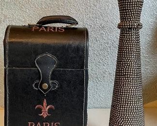 Paris Leather Handled Wine Box And A Silver Bead Candle Holder (As Is)