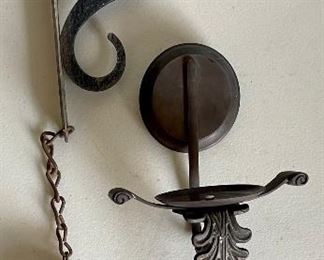 Antique Cast Iron Bell With Hanger And A Wall Leaf Candle Holder Sconce 