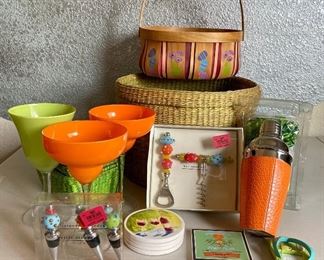 Vintage Spring Cocktail Lot - Pier One Opener And Stoppers, Coasters, Wicker Baskets, Margaritas Glasses, More