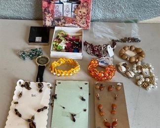 Vintage Jewelry And Bead Lot - Watches, Cat Stamps, Tigers Eye, Carnelian, Mother Of Pearl, And More