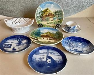 Meissen Cup And Saucer, Royal Copenhagen Plates, West Germany Plates, And White Lattice Serving Bowl