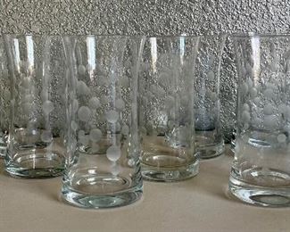 Set Of (9) Vintage 60s Etched Polka Dot Clear Drinking Glasses 