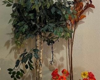 77 Inch Faux Plant With Orange Tin Vase And Assorted Faux Flowers