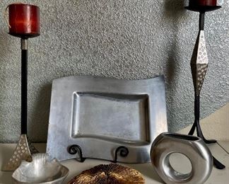 Home Decor Lot - Villeroy And Boch Metal Tray, (2) Black Metal And Nickle Hammered Candle Holders, And More