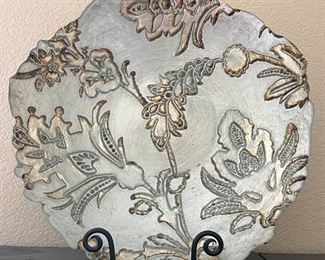 Decorative 16 Inch Shallow Pottery Bowl With Metal Stand