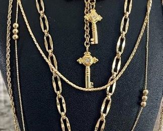 Vintage Monet Sunburst Gold Tone Chain Necklace - Monet 3 Strand Necklace - Gold Tone Chain With Keys