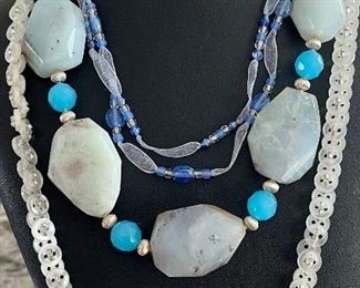 Artisan Hand Made Jewelry - Quartz Bead Necklace - Bead & Ribbon Sterling Clasp & Button & Seed Bead Necklace 