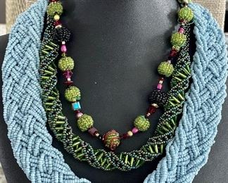 Green And Blue Artisan Seed Bead Necklaces - One With Sterling Silver Clasp 