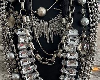 Silver Tone Necklace Lot With Rhinestones - Ribbon - Link - Bead And More 