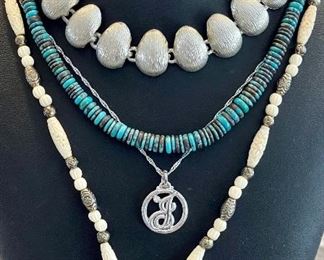 4 Necklaces - Heishi Turquoise Bead - Stone And Carved Bead - Silver Choker & Silver Tone Initial 
