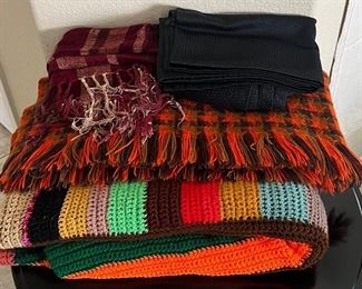 Hand Crocheted Multicolor Blanket With (2) Orange And Red Throw Blankets And (2) Black Drapery Panels