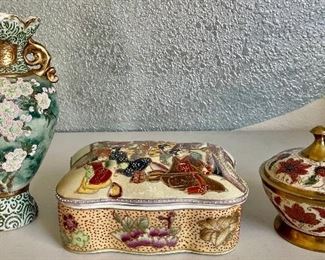 Satsumo Porcelain Covered Dish, Asian Morige Gold Trim Vase, With Brass Cloisonne Covered Dish