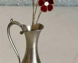 Small Pewter Urn With Brass And Enamel Flowers And Dragonflies