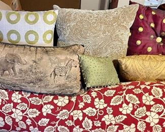 Large Decorative Pillow Lot Reds- Greens - Browns - Elephant Tapestry