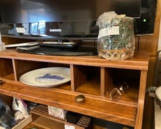 Samsung TV, items on desk in kitchen