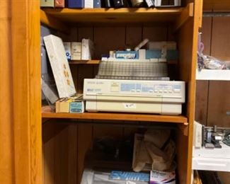 Office items including file cabinet & vintage Swinec typewriter with original book