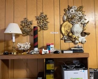 Wall decor - vintage Homco (prior to Home interiors), various other office items + lamp